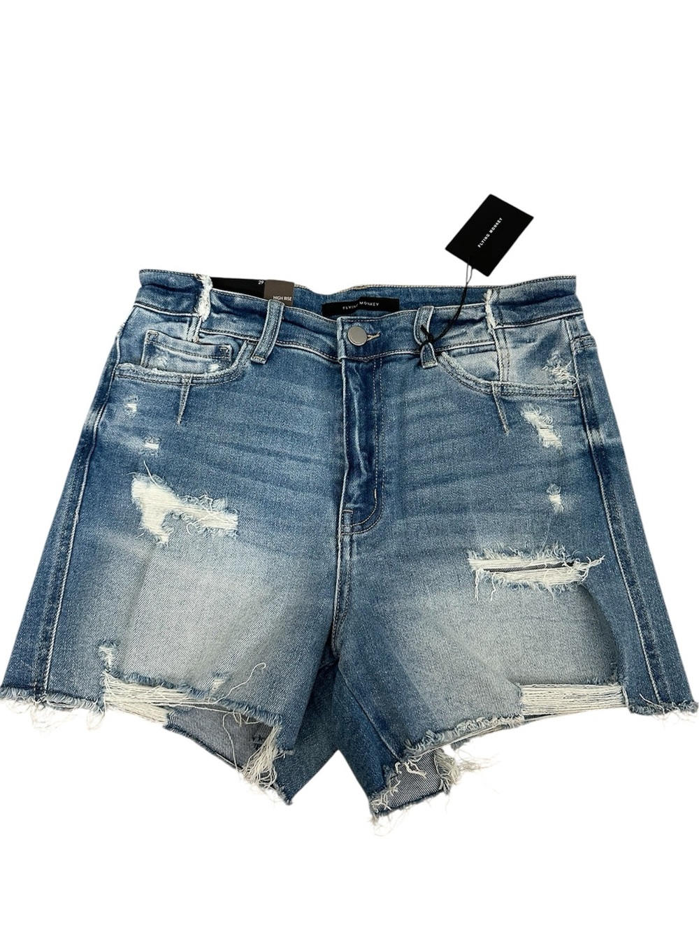 Flying Monkey High-Rise Distressed Denim Shorts - Blue